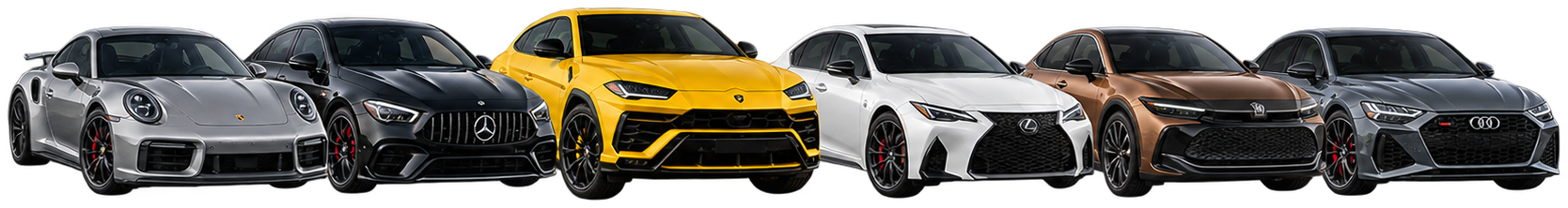 A line-up of premium cars: Porsche 911, Mercedes-AMG, Lamborghini Urus, Lexus IS, Toyota Crown and Audi RS