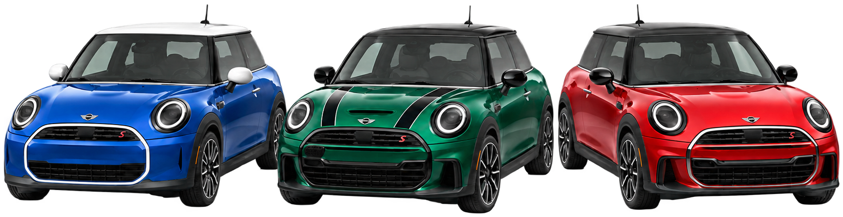 Three MINI Cooper S hatchbacks in blue, green and red, side by side